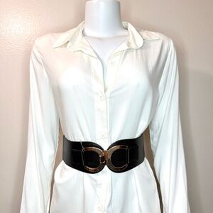 Black PU leather elastic waistband belt belt with gold tone buckle